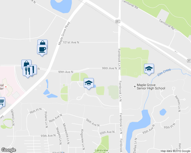 map of restaurants, bars, coffee shops, grocery stores, and more near 14601 99th Avenue North in Maple Grove