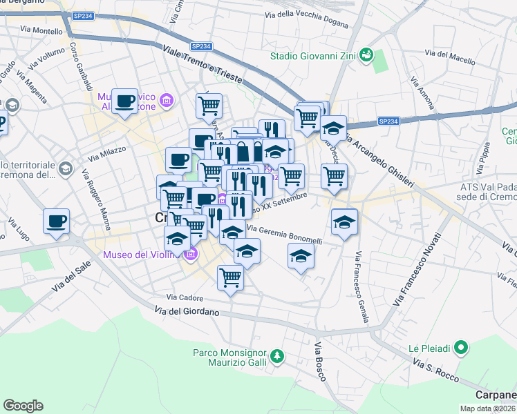 map of restaurants, bars, coffee shops, grocery stores, and more near 10 Corso XX Settembre in Cremona