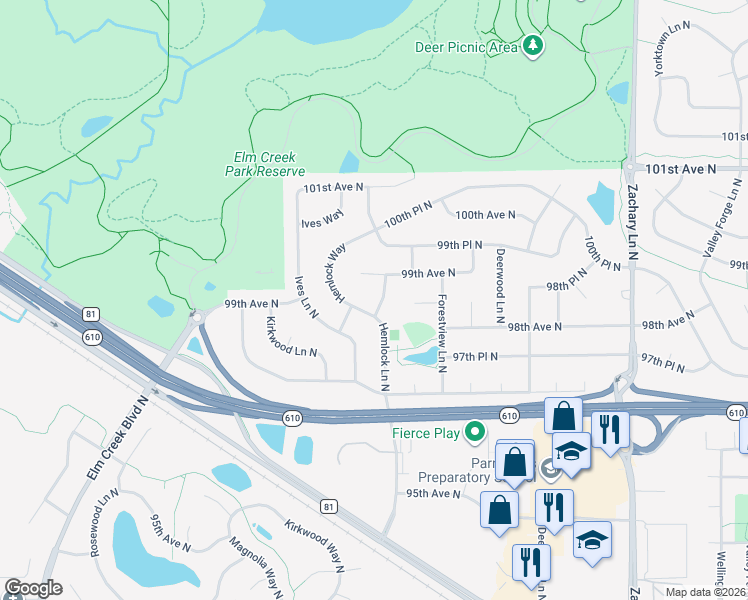 map of restaurants, bars, coffee shops, grocery stores, and more near 9807 Hemlock Lane North in Maple Grove