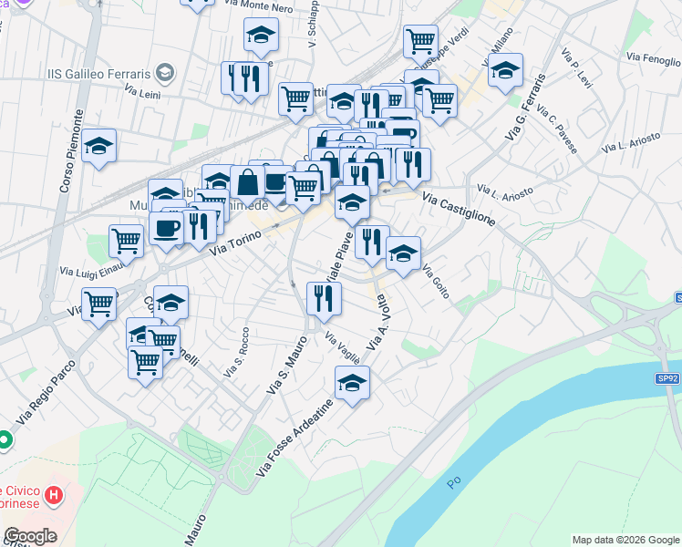map of restaurants, bars, coffee shops, grocery stores, and more near 14A Viale Piave in Settimo Torinese