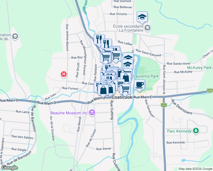 map of restaurants, bars, coffee shops, grocery stores, and more near 119 Rue Child in Coaticook