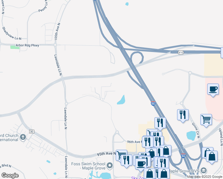 map of restaurants, bars, coffee shops, grocery stores, and more near 16975 101st Avenue North in Osseo