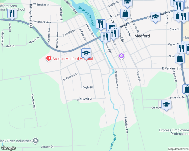 map of restaurants, bars, coffee shops, grocery stores, and more near 530 South Washington Avenue in Medford