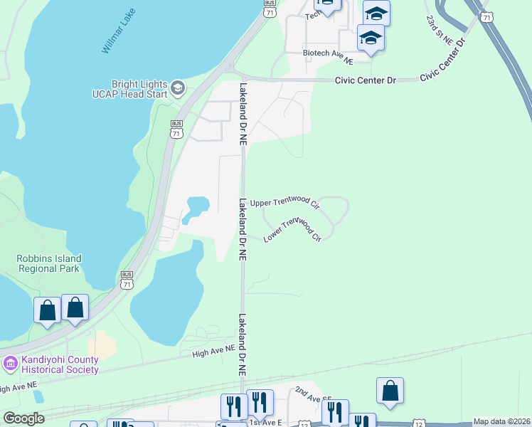 map of restaurants, bars, coffee shops, grocery stores, and more near 904 Cottonwood Drive in Willmar