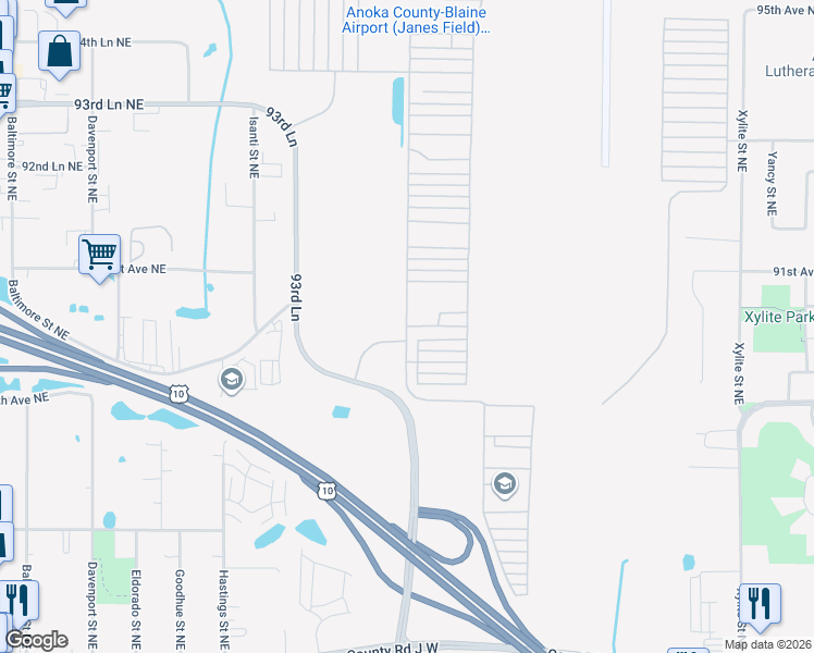 map of restaurants, bars, coffee shops, grocery stores, and more near Airport Road Northeast in Blaine