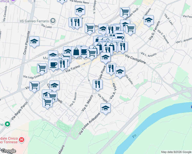 map of restaurants, bars, coffee shops, grocery stores, and more near 14A Viale Piave in Settimo Torinese