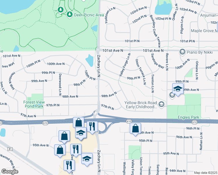 map of restaurants, bars, coffee shops, grocery stores, and more near 10915 Maple Valley Drive in Maple Grove