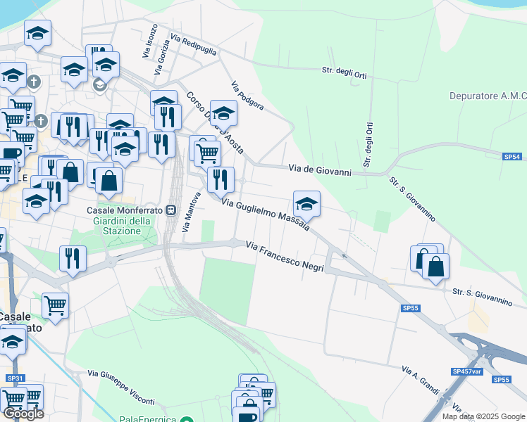 map of restaurants, bars, coffee shops, grocery stores, and more near 7 Via Giovanni Battista Cagliero in Casale Monferrato