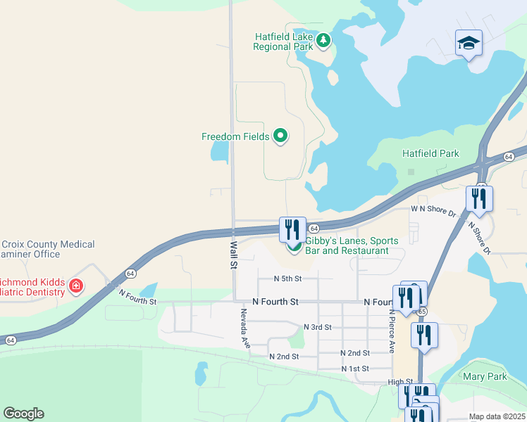 map of restaurants, bars, coffee shops, grocery stores, and more near 639 Industrial Boulevard in New Richmond