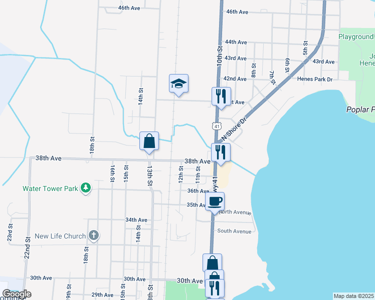 map of restaurants, bars, coffee shops, grocery stores, and more near 1110 38th Avenue in Menominee