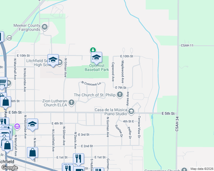 map of restaurants, bars, coffee shops, grocery stores, and more near 703 East Crescent Lane in Litchfield