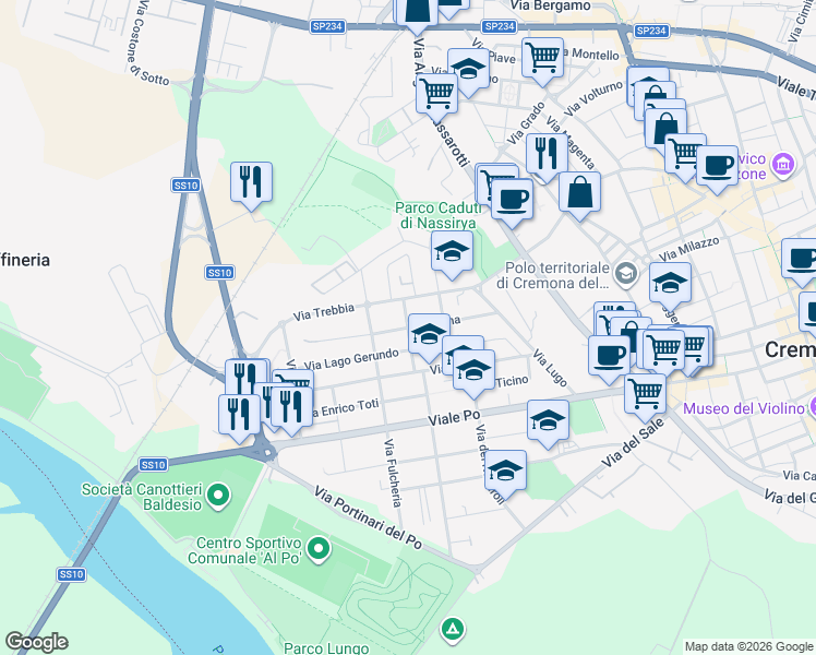 map of restaurants, bars, coffee shops, grocery stores, and more near 3 Via Lago Gerundo in Cremona