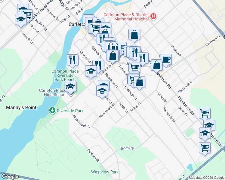map of restaurants, bars, coffee shops, grocery stores, and more near 71 Sarah Street in Carleton Place
