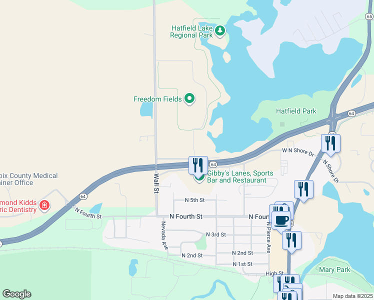 map of restaurants, bars, coffee shops, grocery stores, and more near 639 Industrial Boulevard in New Richmond