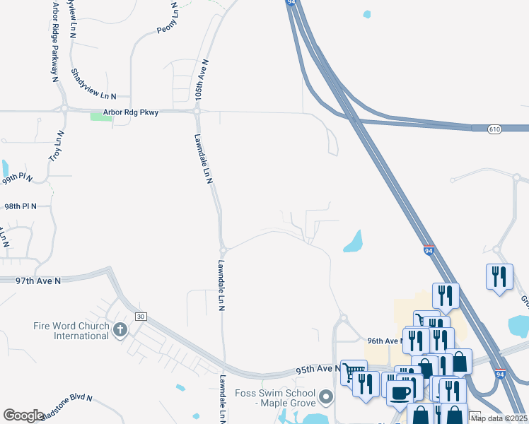 map of restaurants, bars, coffee shops, grocery stores, and more near 17425 101st Avenue North in Osseo