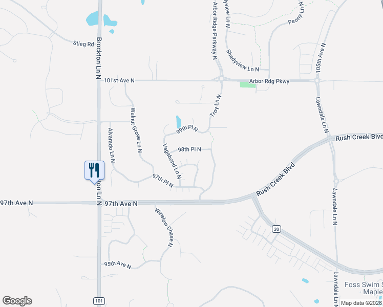 map of restaurants, bars, coffee shops, grocery stores, and more near 18462 98th Avenue North in Osseo