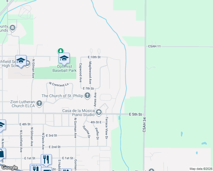 map of restaurants, bars, coffee shops, grocery stores, and more near 662 Saint James Circle in Litchfield