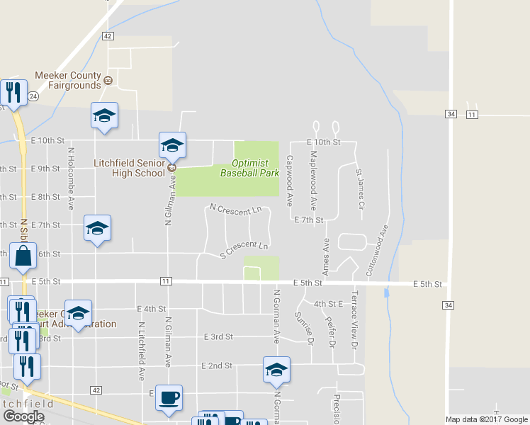 map of restaurants, bars, coffee shops, grocery stores, and more near 703 East Crescent Lane in Litchfield