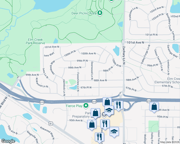 map of restaurants, bars, coffee shops, grocery stores, and more near 9850 Deerwood Lane North in Maple Grove