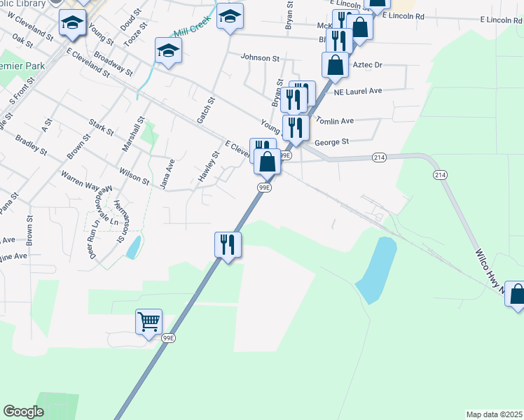 map of restaurants, bars, coffee shops, grocery stores, and more near 240 South Pacific Highway in Woodburn