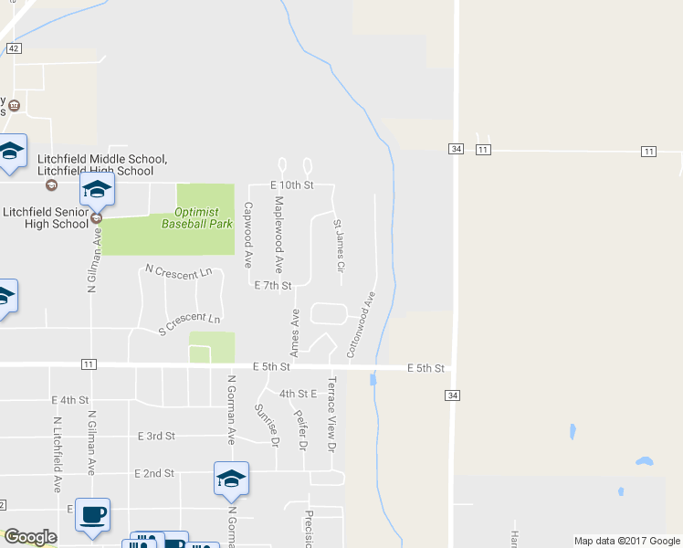 map of restaurants, bars, coffee shops, grocery stores, and more near 662 Saint James Circle in Litchfield
