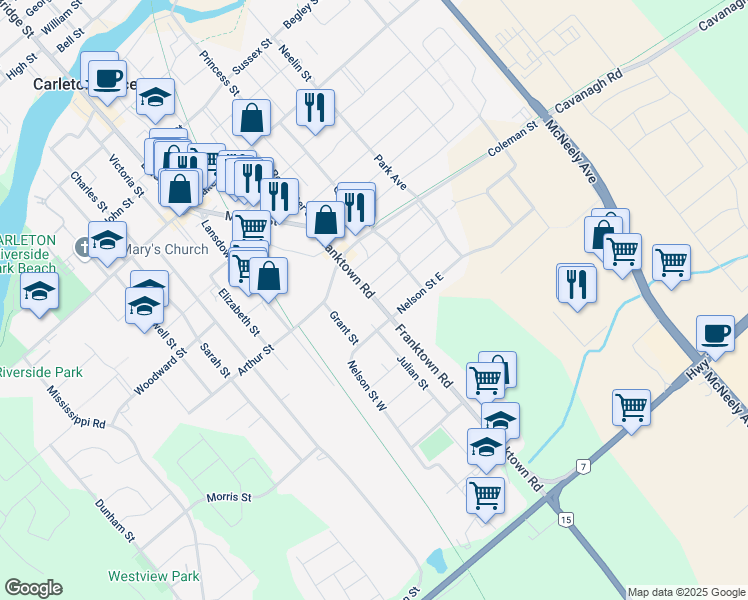map of restaurants, bars, coffee shops, grocery stores, and more near 212 Franktown Road in Carleton Place