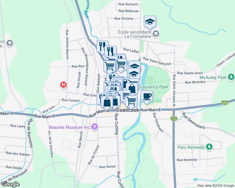 map of restaurants, bars, coffee shops, grocery stores, and more near 119 Rue Child in Coaticook