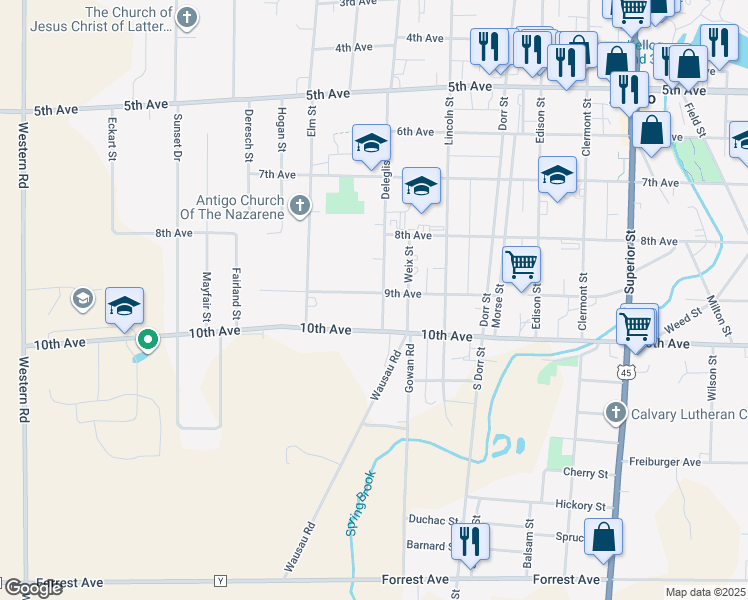 map of restaurants, bars, coffee shops, grocery stores, and more near 126 Deleglise Street in Antigo