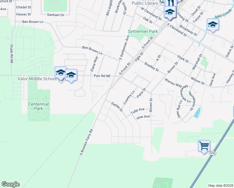 map of restaurants, bars, coffee shops, grocery stores, and more near 1149 Dahlia Street in Woodburn