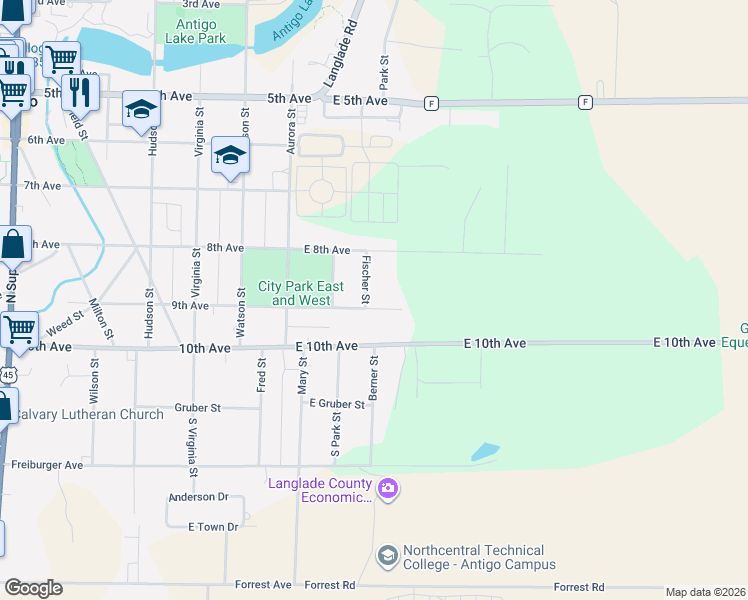 map of restaurants, bars, coffee shops, grocery stores, and more near 307 East 9th Avenue in Antigo