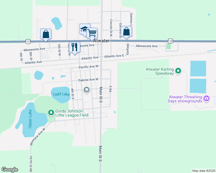 map of restaurants, bars, coffee shops, grocery stores, and more near 305 East Road in Atwater