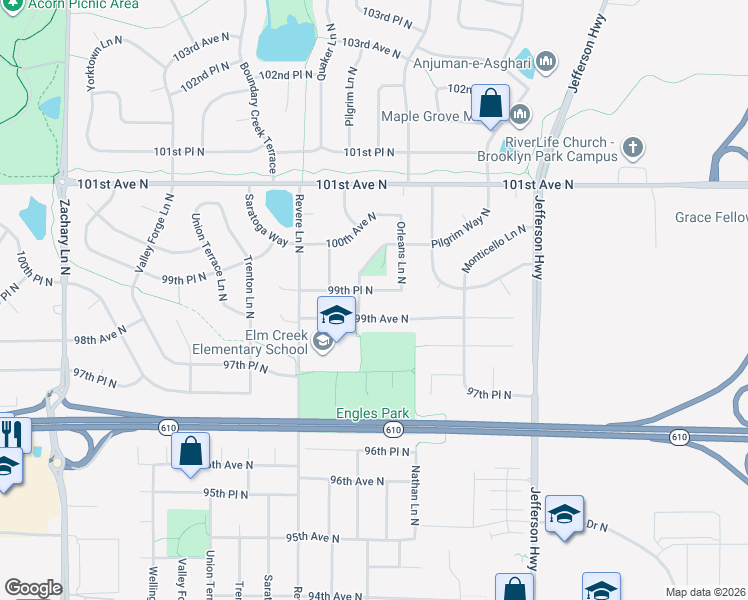 map of restaurants, bars, coffee shops, grocery stores, and more near 10095 99th Avenue North in Maple Grove