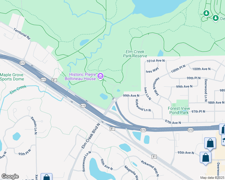 map of restaurants, bars, coffee shops, grocery stores, and more near Park Road North in Maple Grove