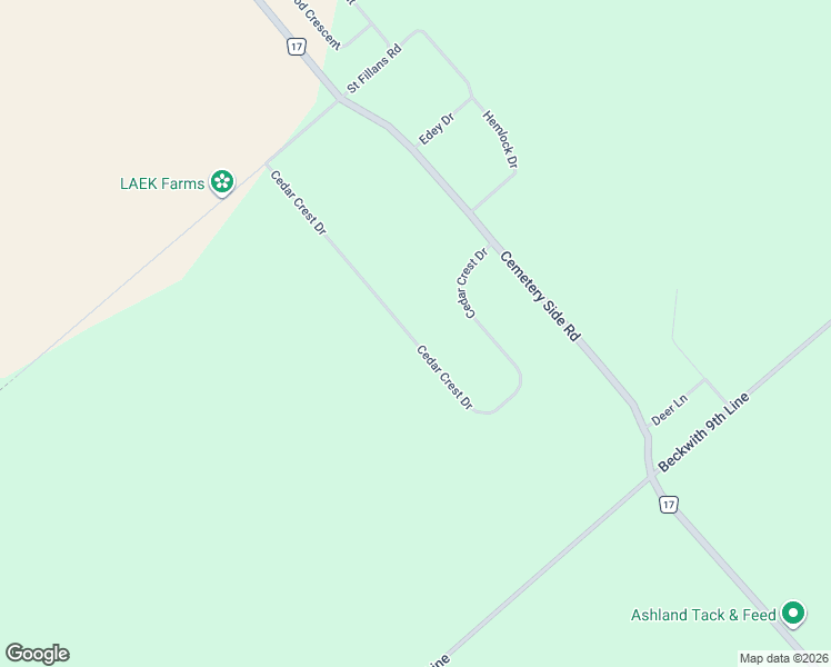 map of restaurants, bars, coffee shops, grocery stores, and more near Cedar Crest Drive in Carleton Place