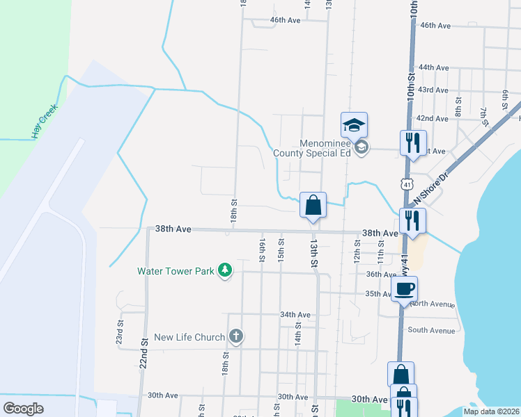 map of restaurants, bars, coffee shops, grocery stores, and more near in Menominee