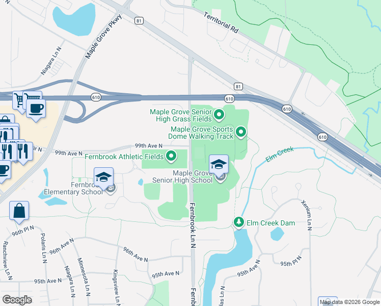 map of restaurants, bars, coffee shops, grocery stores, and more near 9746 Fernbrook Lane North in Maple Grove