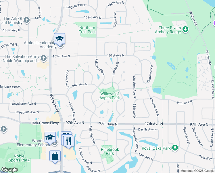map of restaurants, bars, coffee shops, grocery stores, and more near 10003 Elm Avenue North in Minneapolis