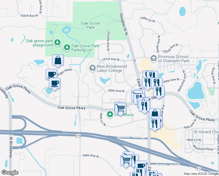 map of restaurants, bars, coffee shops, grocery stores, and more near 9951 Colorado Lane North in Brooklyn Park