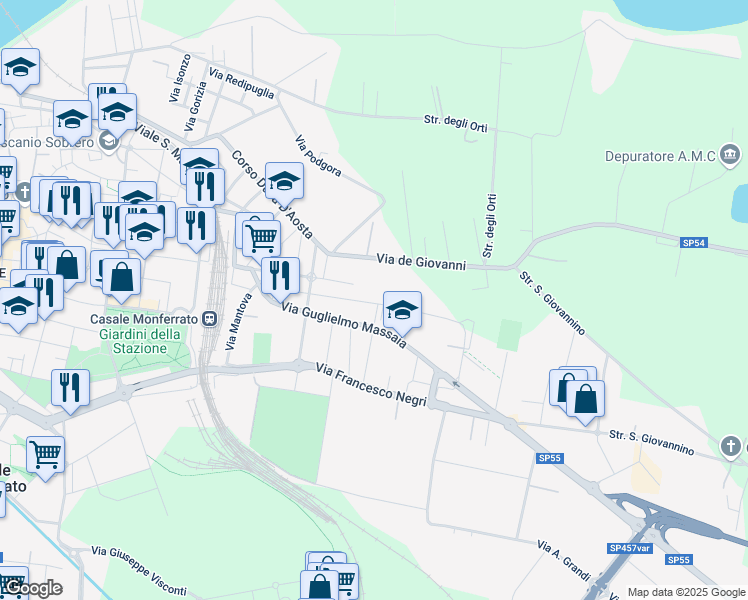 map of restaurants, bars, coffee shops, grocery stores, and more near 46 Via Evasio Comello in Casale Monferrato