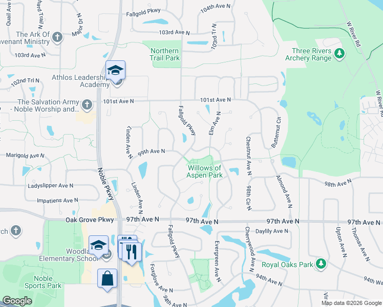map of restaurants, bars, coffee shops, grocery stores, and more near 9913 Fallgold Parkway in Minneapolis