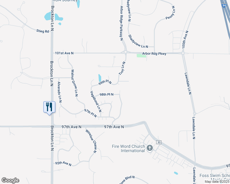 map of restaurants, bars, coffee shops, grocery stores, and more near 18325 99th Place North in Osseo