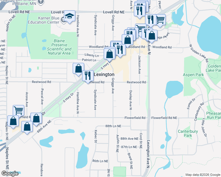 map of restaurants, bars, coffee shops, grocery stores, and more near 8892 Griggs Avenue in Circle Pines
