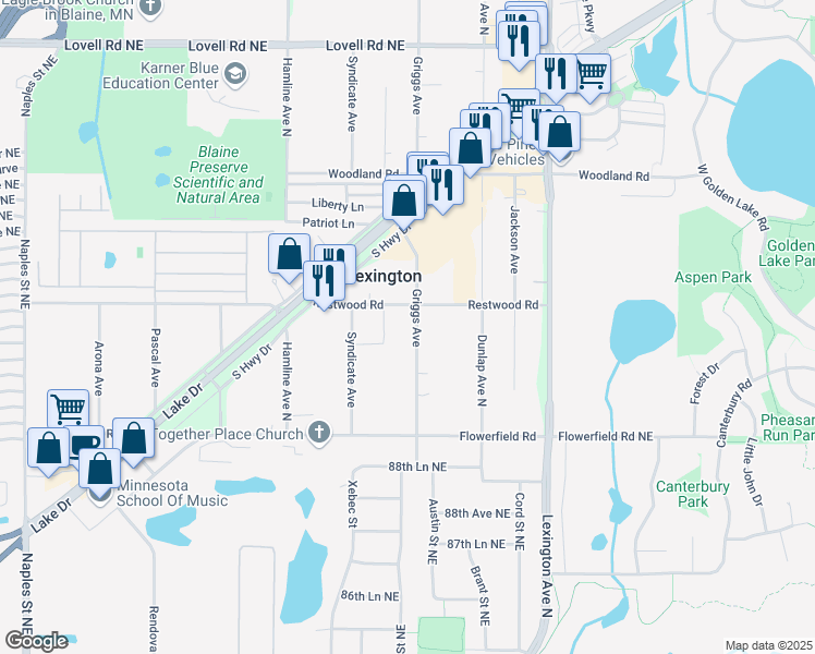 map of restaurants, bars, coffee shops, grocery stores, and more near 8892 Griggs Avenue in Circle Pines