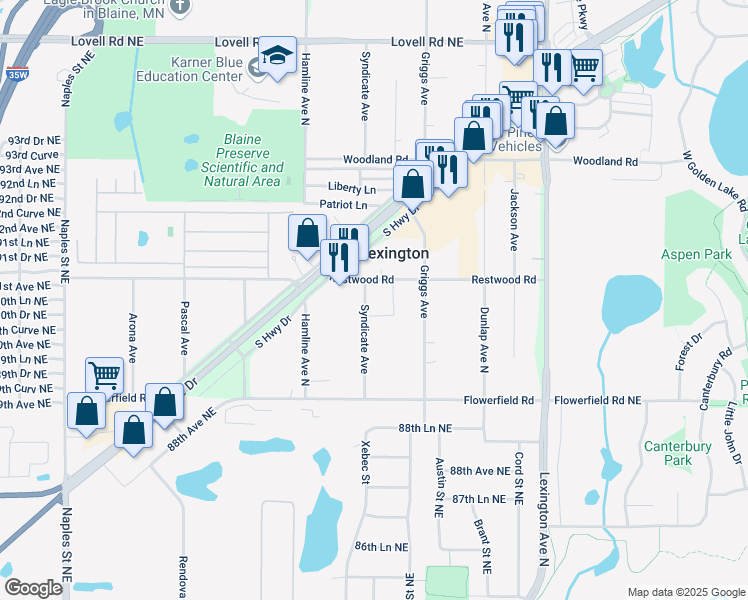 map of restaurants, bars, coffee shops, grocery stores, and more near 8893 Syndicate Avenue in Circle Pines