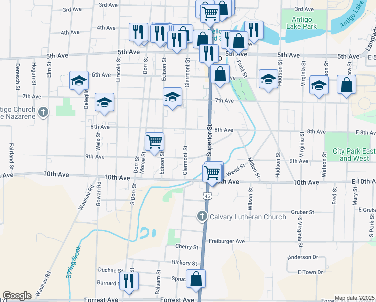 map of restaurants, bars, coffee shops, grocery stores, and more near 239 Clermont Street in Antigo