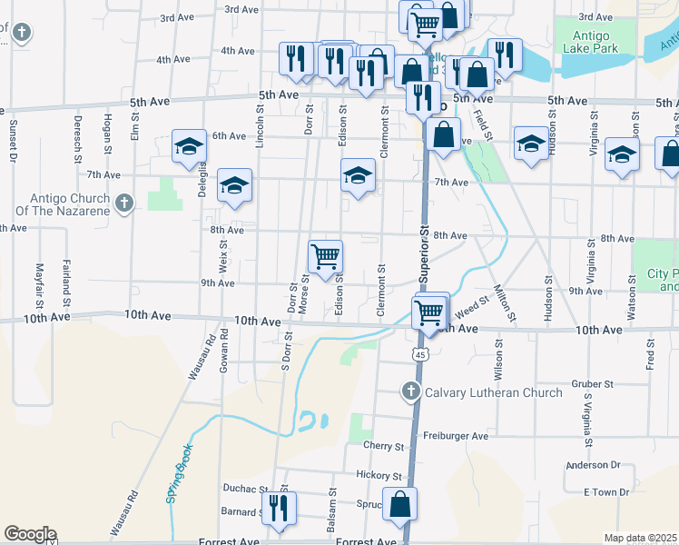 map of restaurants, bars, coffee shops, grocery stores, and more near 222 Edison Street in Antigo