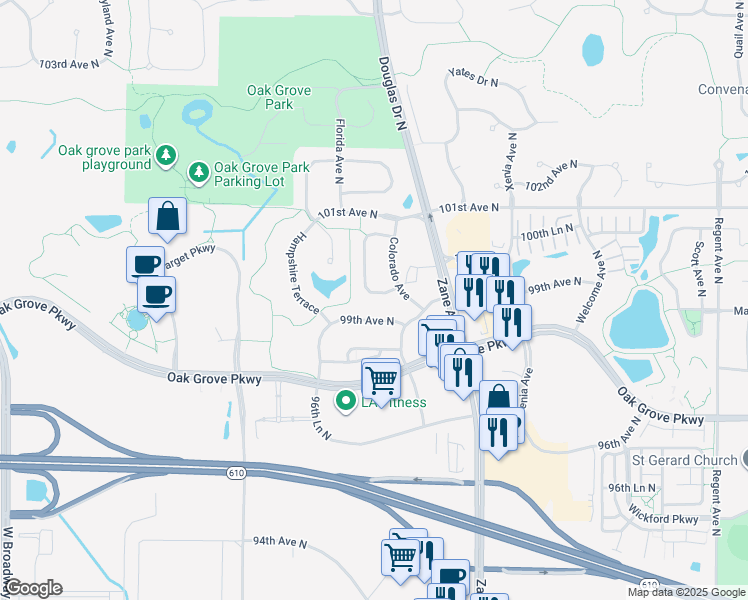 map of restaurants, bars, coffee shops, grocery stores, and more near 9935 Colorado Lane North in Brooklyn Park