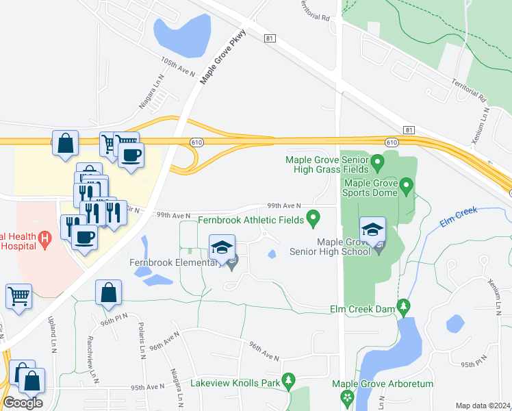 map of restaurants, bars, coffee shops, grocery stores, and more near 16101 99th Avenue North in Maple Grove