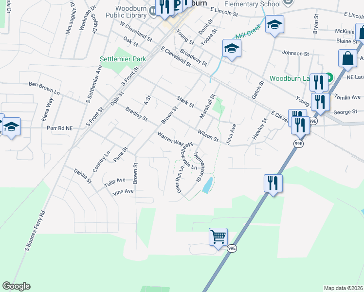 map of restaurants, bars, coffee shops, grocery stores, and more near 770 Warren Way in Woodburn