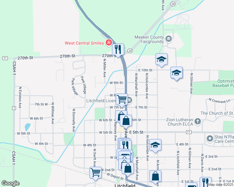 map of restaurants, bars, coffee shops, grocery stores, and more near 807 North Ramsey Avenue in Litchfield
